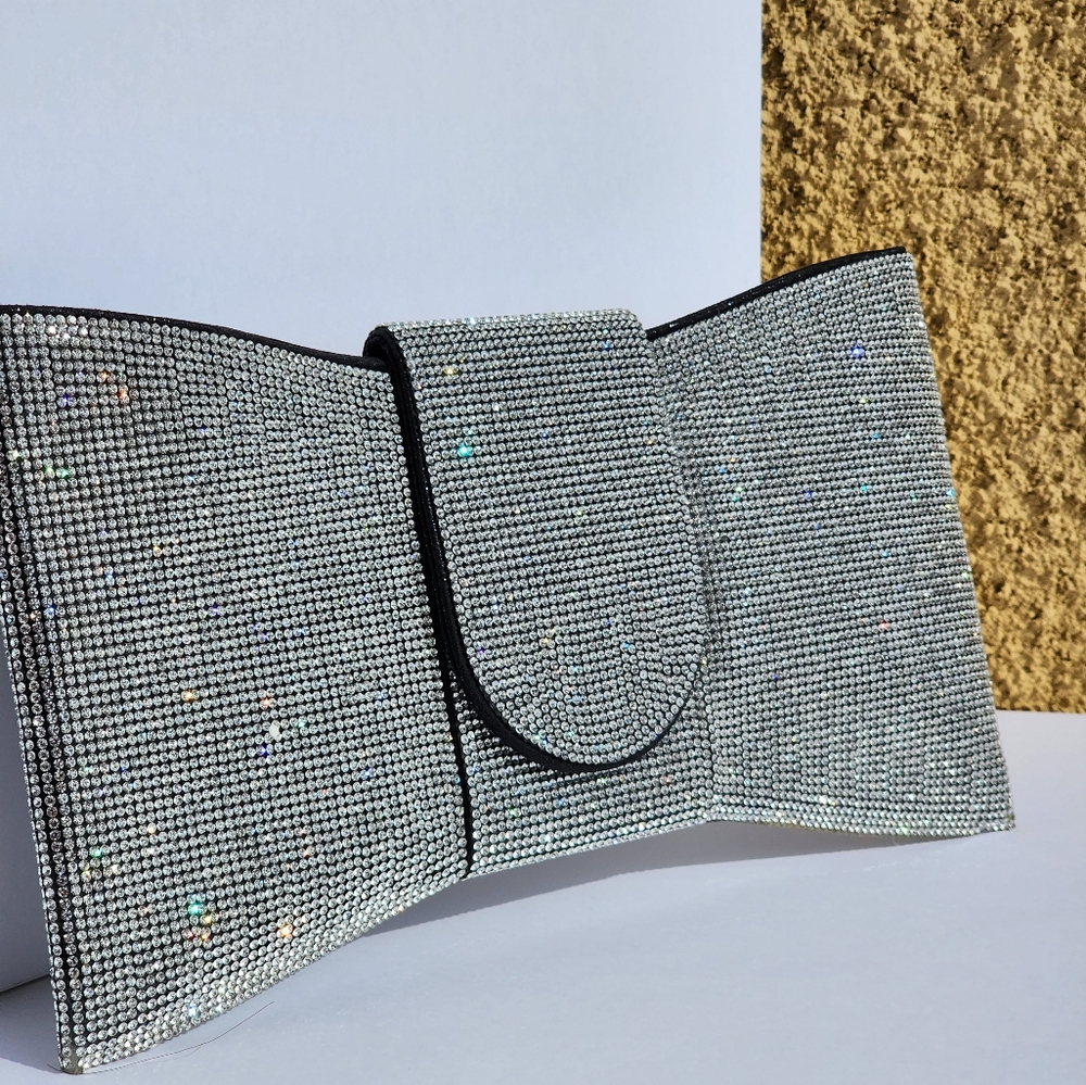 Women's Stylish Silver Rhinestone Bowtie Shape Clutch Crossbody Handbag … - Picture 3 of 10
